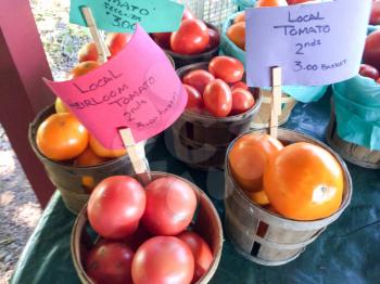 Tomatoes on display for sale assorted varities and baskets