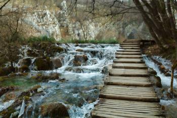 Plitvice Lakes National Park in winter, stairs
