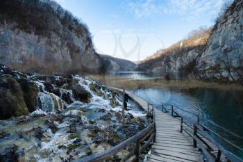 Plitvice Lakes National Park in winter, path in Lower lakes canyon