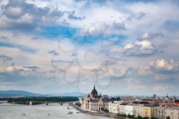 Aerial view of Budapest with the river and parliament