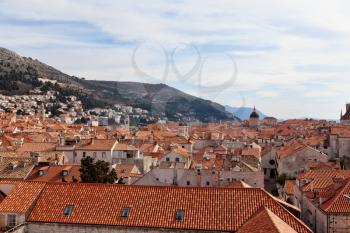Dubrovnik, Croatia - 22 February 2019: view of the city from the city wall showing clock tower