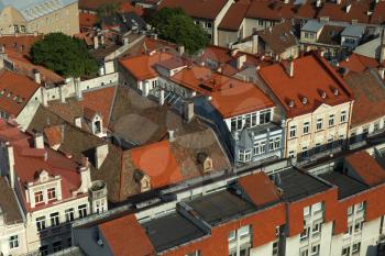 Vilnius ref roof tiles close-up aerial view
