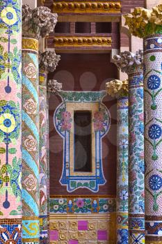 Balcony decorated with mosaic at Palau de la Musica, Barcelona, Spain