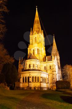 Cork, Ireland - 6 November 2019: Saint Fin Barre's Cathedral at night