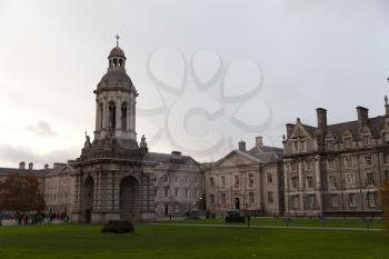 Dublin, Ireland - 10 November 2019: The Campanile of Trinity College and Graduates Memorial Building