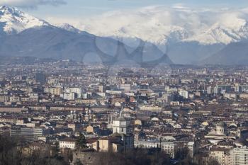Turin Alps Skyline. View Over the city with rooftops.