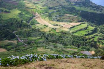 Mountainous landscape on Flores Island, Azores, Portugal