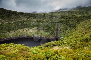 View to Lagoa Comprida on a foggy day, Flores, Azores, Portugal