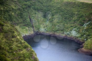 Closeup view to Lagoa Comprida on a foggy day, Flores, Azores, Portugal