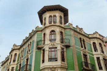 Oviedo, Spain - 11 December 2018: Art Nouveau architecture of Oviedo, Principality building facade also called Edificio Verde