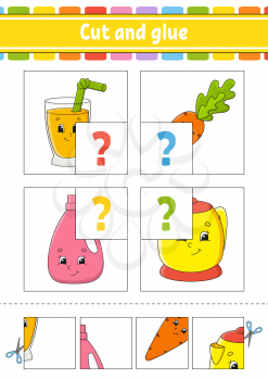 Cut and glue. Four flash cards. Color puzzle. Education developing worksheet. Activity page. Game for children. Funny character. Isolated vector illustration. Cartoon style.