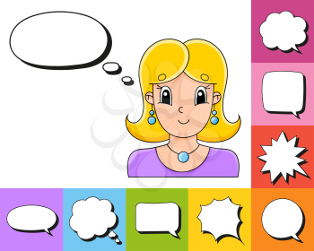 Set of speech bubbles of different shapes. With a cute cartoon character. Beautiful cute fashionable girl with jewelry. Vector illustration. Comic style.