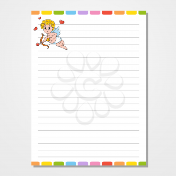 Sheet template for notebook, notepad, diary. Lined paper. Cute character cupid. With a color image. Isolated vector illustration. Cartoon style.