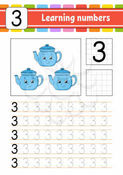 Number 3. Trace and write. Handwriting practice. Learning numbers for kids. Education developing worksheet. Activity page. Isolated vector illustration in cute cartoon style.