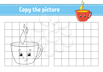 Copy the picture. Cup. Coloring book pages for kids. Education developing worksheet. Game for children. Handwriting practice. Catoon character.
