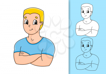 Set of vector illustrations isolated on white and colored background. Strong smiling young man. Design element. Black stroke. Cartoon style.