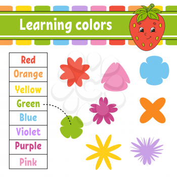 Learning colors. Education developing worksheet. Activity page with pictures. Game for children. Isolated vector illustration. Funny character. Cartoon style.