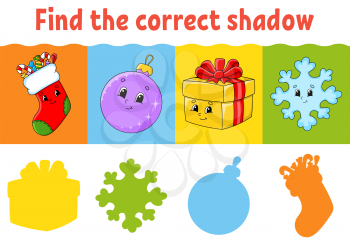 Find the correct shadow. Education worksheet. Matching game for kids. Color activity page. Puzzle for children. Cartoon character. Isolated vector illustration.