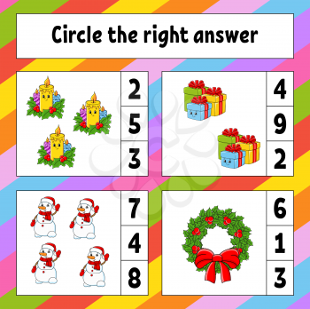 Circle the right answer. Christmas theme. Education developing worksheet. Activity page with pictures. Game for children. Color isolated vector illustration. Funny character. Cartoon style.