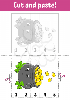 Learning numbers 1-5. Cut and glue. Cartoon character. Education developing worksheet. Game for kids. Activity page. Color isolated vector illustration. St. Patrick's day.