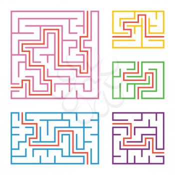 A set of colored square and rectangular labyrinths with entrance and exit. Simple flat vector illustration isolated on white background. With the answer