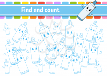 Find and count. Toothpaste. Education developing worksheet. Activity page. Puzzle game for children. Logical thinking training. Isolated vector illustration. Cartoon character.