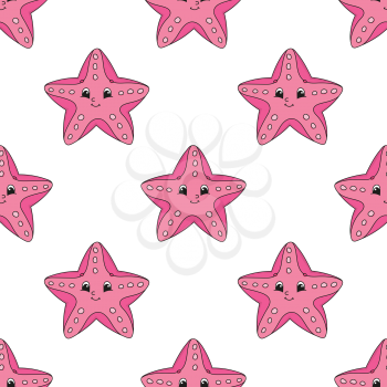 Colored cartoon seamless pattern. Sea starfish. Cartoon style. Hand drawn. Vector illustration isolated on white background.
