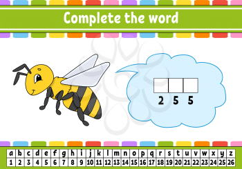 Complete the words. Cipher code. Learning vocabulary and numbers. Education worksheet. Activity page for study English. Isolated vector illustration. Cartoon character.