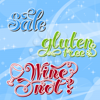 Set Lettering words. Gluten free, sale, wine not. Hand drawn. Vector illustration . Design element.