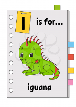 I is for iguana. ABC game for kids. Word and letter. Learning words for study English. Cartoon character. Color vector illustration. Cute animal.