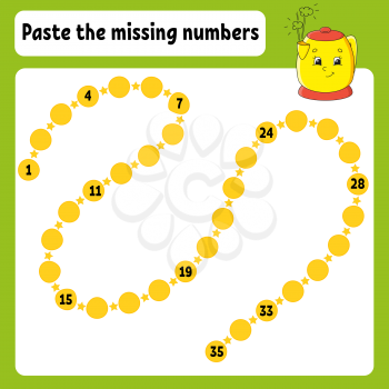 Paste the missing numbers. Handwriting practice. Learning numbers for kids. Education developing worksheet. Color activity page. Game for children. Isolated vector illustration in cartoon style.