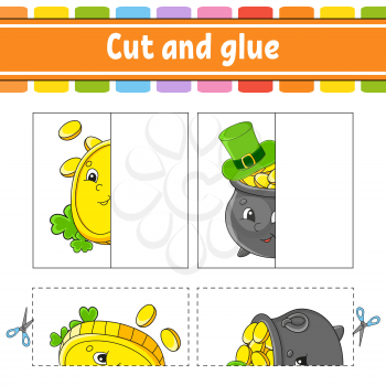 Cut and play. Paper game with glue. Flash cards. Education worksheet. Coin, pot. St. Patrick's day. Activity page. Funny character. Isolated vector illustration. Cartoon style.