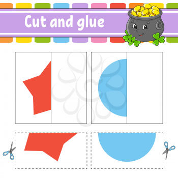 Cut and play. Paper game with glue. Flash cards. Pot, star, circle. Education worksheet. Activity page. Funny character. Isolated vector illustration. Cartoon style.
