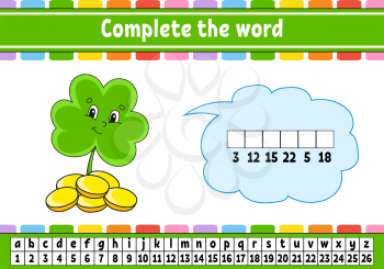 Complete the words. Cipher code. Clover with coins. Learning vocabulary and numbers. Education worksheet. Activity page for study English. Isolated vector illustration. Cartoon character.