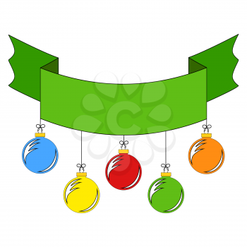 Ribbon banner in green color, decorated with colored Christmas tree toys on a white background