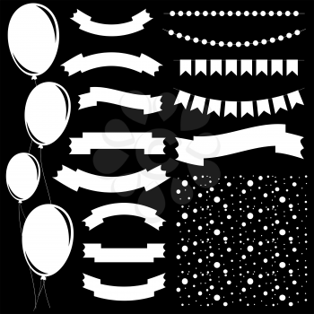Set of flat white isolated silhouettes of balloons on ropes and garlands of flags. A set of ribbons of banners of different shapes. Background in the form of confetti.