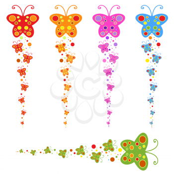A flock of flat colored isolated butterflies flying one after another. Five color options in the set.