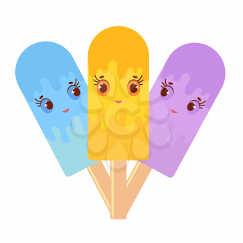 Set of flat colored isolated cartoon ice-cream, drizzled with glaze blue, yellow, purple. On wooden sticks. On a white background.