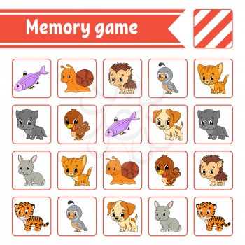 Memory game for kids. Education developing worksheet. Activity page with pictures. Puzzle game for children. Logical thinking training. Isolated vector illustration. Funny character. Cartoon style