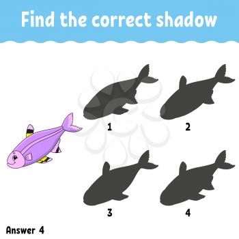 Find the correct shadow. Draw a line. Education developing worksheet. Game for kids. Activity page. Puzzle for children. Riddle for preschool. Isolated vector illustration. Cartoon style
