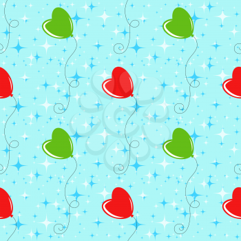 Colorful seamless pattern of cute balloons on a blue background. Simple flat vector illustration. For the design of paper wallpapers, fabric, wrapping paper, covers, web sites