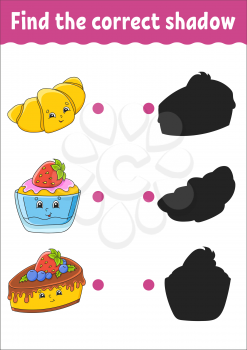 Find the correct shadow. Education developing worksheet. Matching game for kids. Color activity page. Birthday theme. Cute character. Vector illustration. Cartoon style.