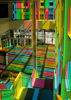 MONTREAL, CANADA - AUGUST 20 2014: Interior of congress center in Montreal downtown with multicolored glass panel created by Mario Saia in 2002