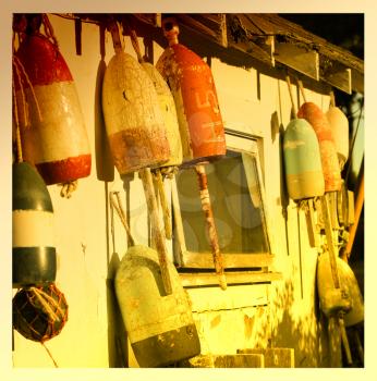 Old buoys on a wall on a shack in Maine, USA.  Cross processed to look like and instant picture.  Instagram picture style