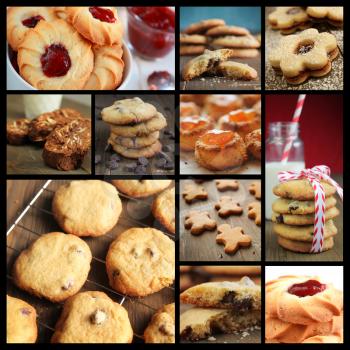 Collage showing different kind of cookies  like, gingerbread, chocolate chio it, biscotti etc
