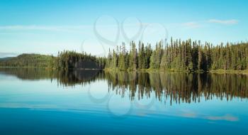 Beautiful and calm blue lake with trees in background