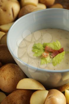 Close up of a potato soup in a pale blue bowl surrounded by potatoes