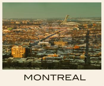 Panorama of Montreal during winter from the mont royal mountain.  White border with Montreal.