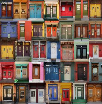 Collage of old and colorful doors from Montreal, Canada