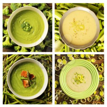 Four different kind of green soup. Broccoli, celery, asparagus and leek.